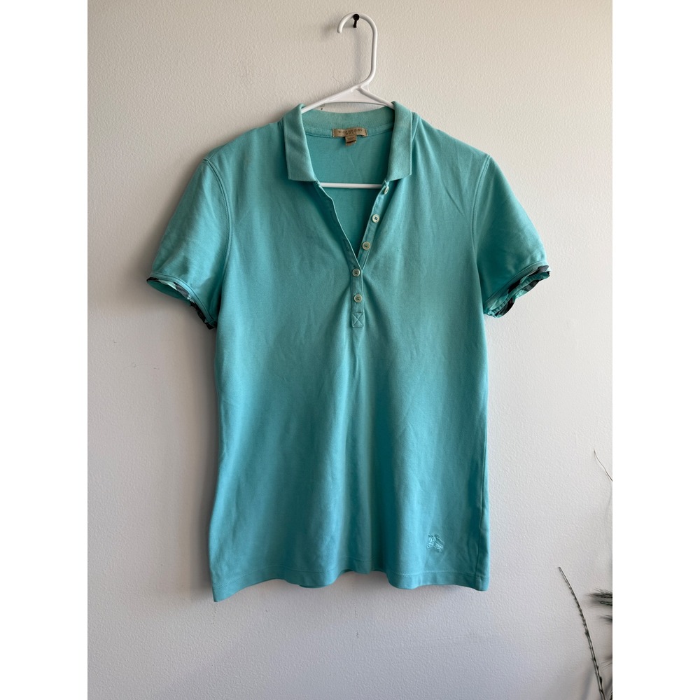 Burberry Brit Womens Turquoise Blue Nova Check Trim Polo Shirt M Embroidered